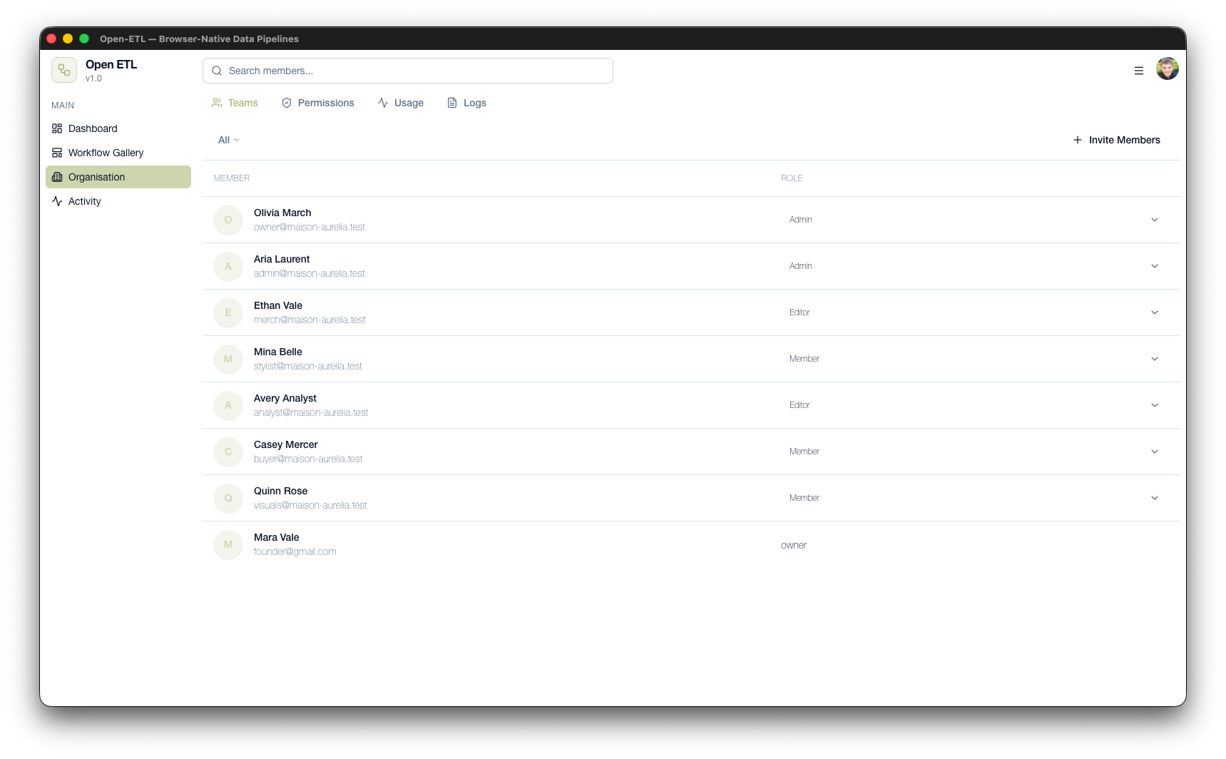 Open-ETL organization team screen showing members, roles, and workspace access controls.