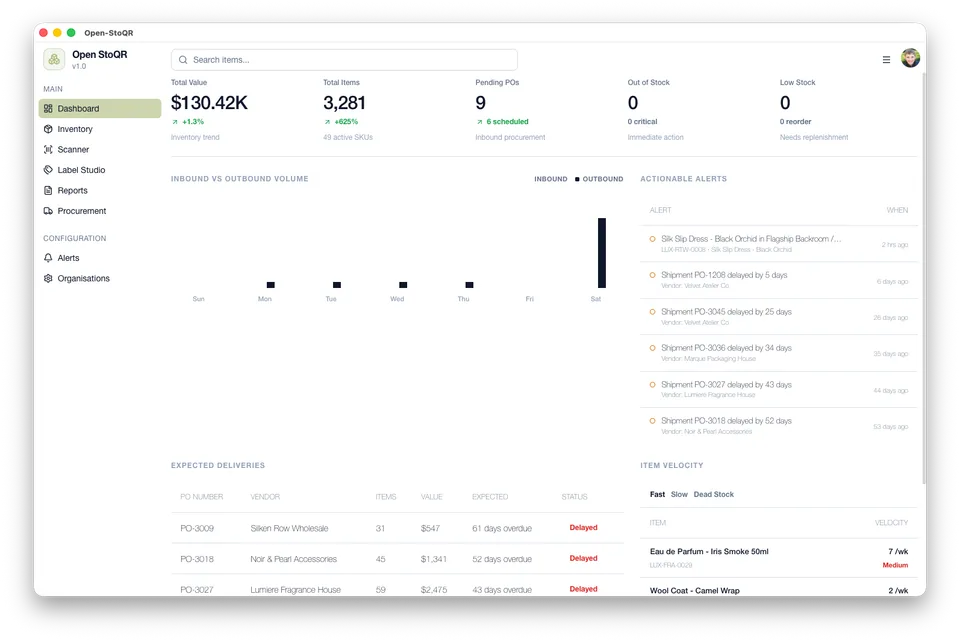 Open-StoQR dashboard showing stock health, inventory value, alerts, and purchase order status.