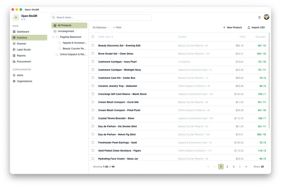 Open-StoQR inventory screen showing product folders, quantities, SKU details, and stock status.