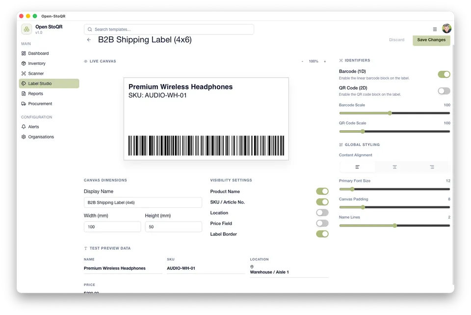 Open-StoQR label editor showing barcode label layout controls and product data fields.