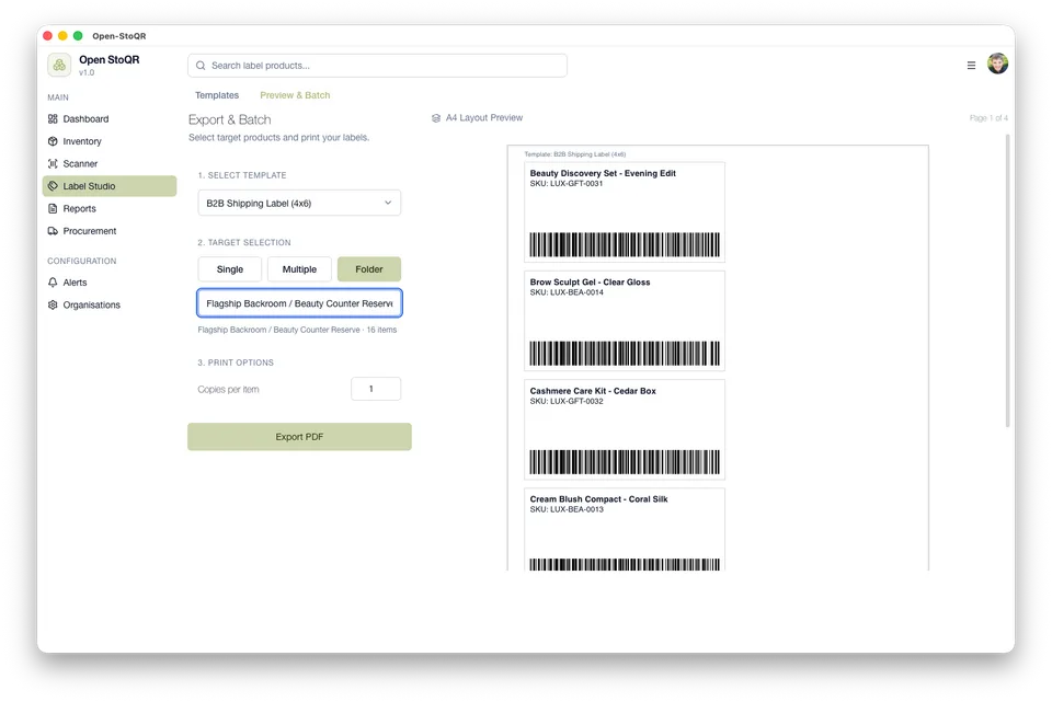 Open-StoQR label print screen showing product labels prepared for printing.