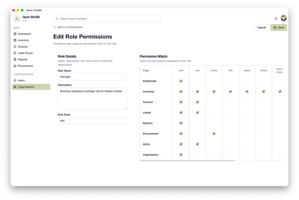 Open-StoQR role editor showing permission controls for inventory, procurement, reports, labels, and administration.