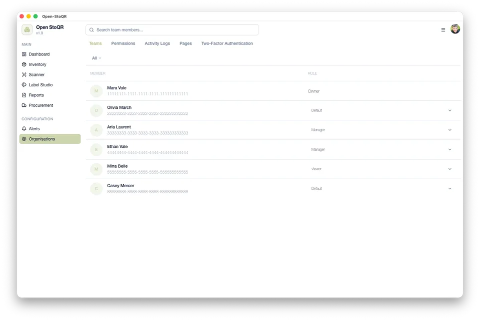 Open-StoQR organization teams screen showing members, roles, and access management.