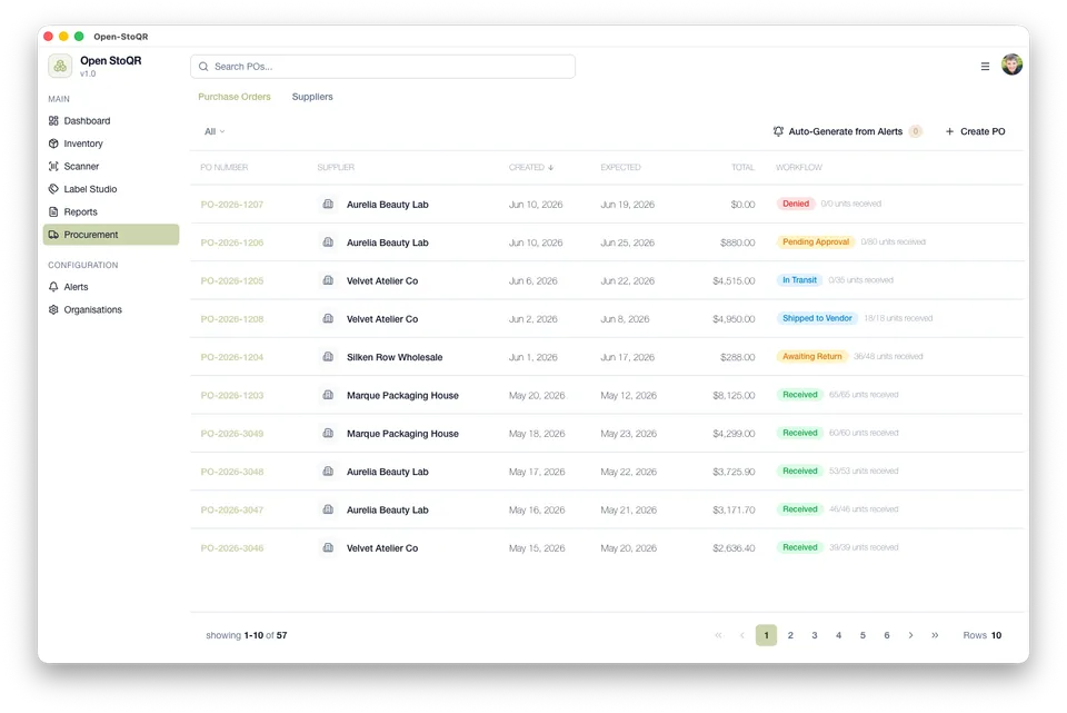 Open-StoQR purchase orders screen showing procurement order status and receiving workflow details.