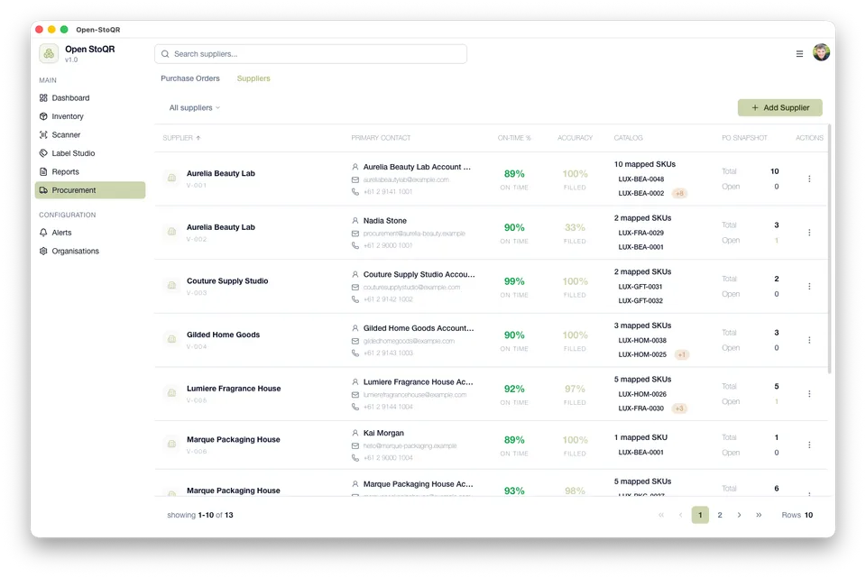 Open-StoQR suppliers screen showing supplier records, contact details, and procurement relationships.