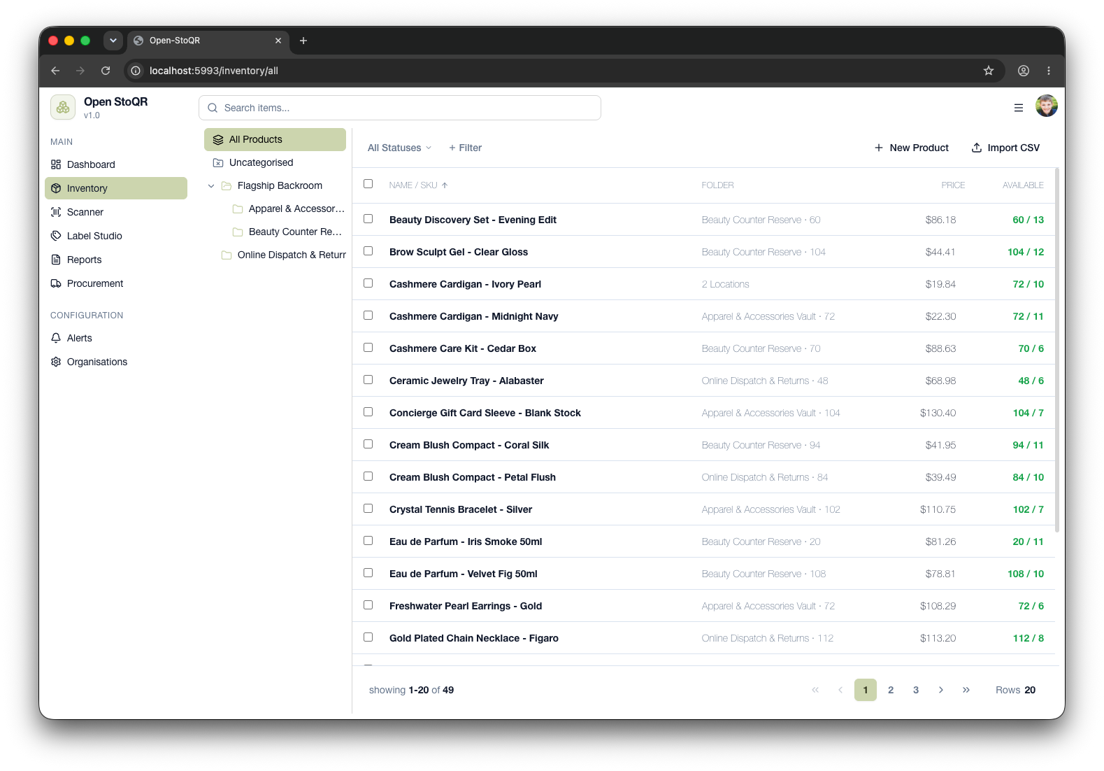 OpenSe web inventory interface showing product rows, filters, and folder navigation